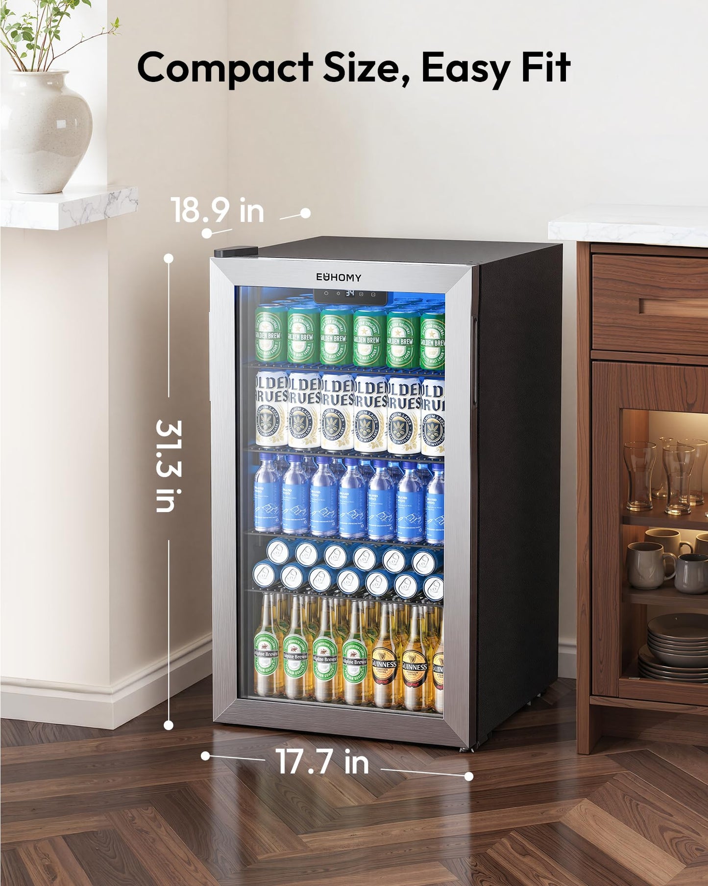 EUHOMY 130 Can Beverage Cooler Glass Door 3.2 Cu Ft