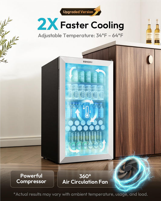 EUHOMY 130 Can Beverage Cooler Glass Door 3.2 Cu Ft